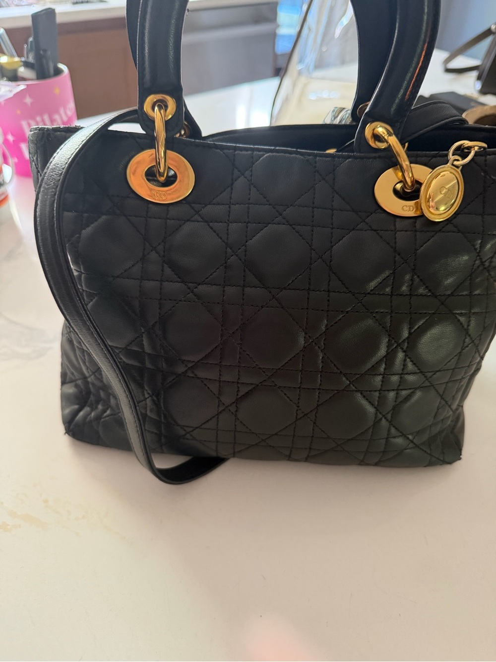 Dior Black Quilted Leather Tote Handbag with Gold Accents - Picture 2 of 16